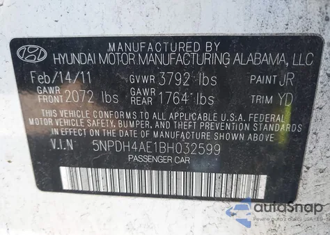 2011 Hyundai Elantra Gls z USA, uszkodzony, nr VIN 5NPDH4AE1BH032599